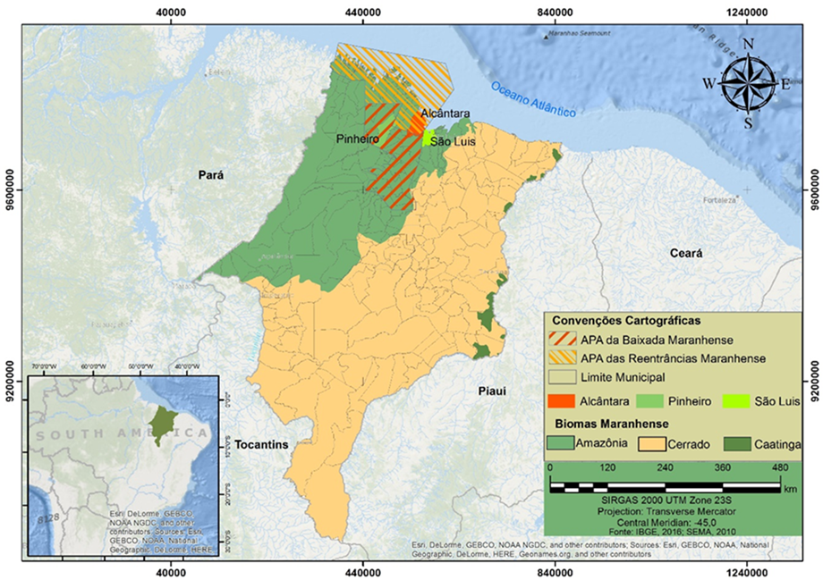 Map indicating the Amazon Biome and the regions of Baixada Maranhense and Reentr&acirc;ncias
            Maranhenses.